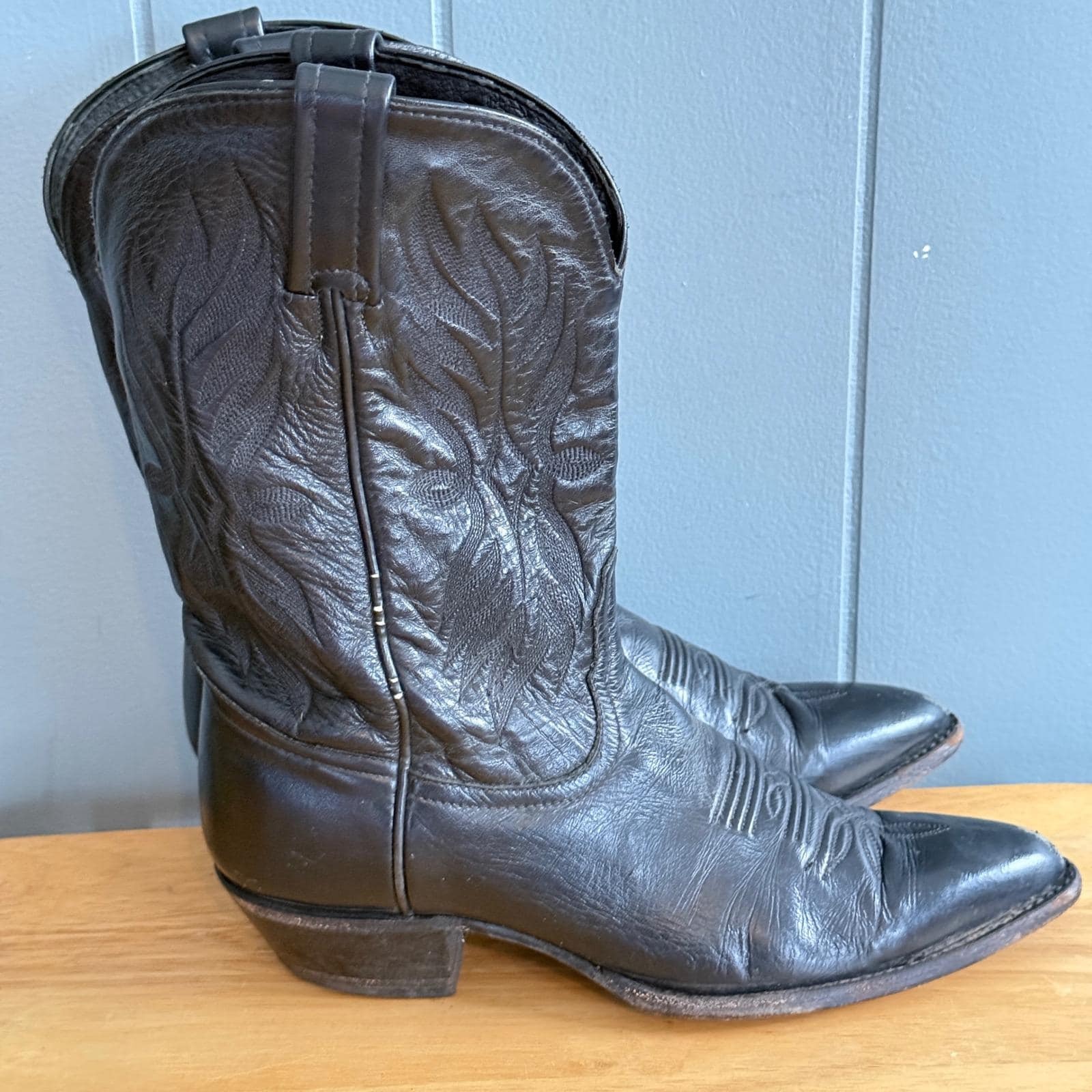 Tony Lama 1970 Men's Black Leather Cowboy Western Boots Pointed Toe Size 8-8.5 M